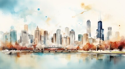  a watercolor painting of a city skyline with a bridge.  generative ai