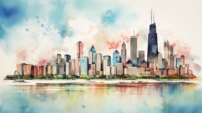  a watercolor painting of a city skyline on a lake.  generative ai