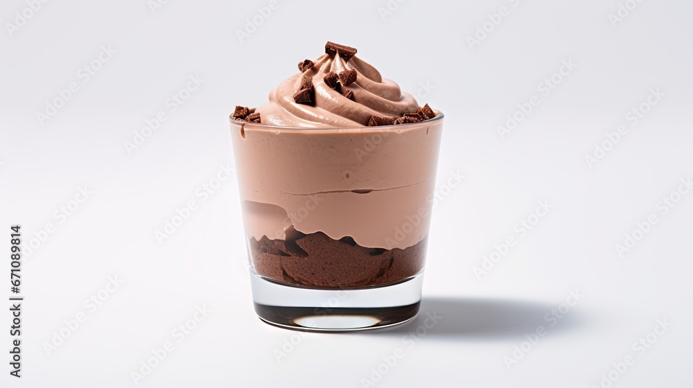 Wall mural a glass filled with a chocolate dessert on top of a white table. generative ai