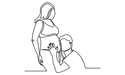 Continuous one-line drawing of a Beautiful Pregnant Woman. husband down and listening to his pregnant wife's belly, line art vector concept of Happy mother, woman, pregnancy Vector illustration.
