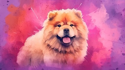  a painting of a chow chow dog on a purple and pink background.  generative ai