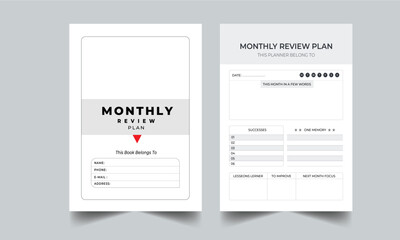 Monthly Review Planner with cover design template, Monthly overview trackers, Undated Monthly Overview, Month on one page Template