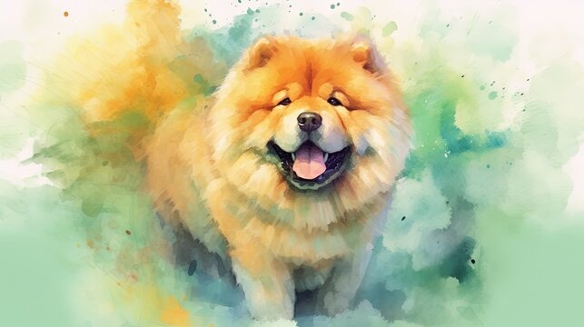  a painting of a chow chow dog with a green background.  generative ai