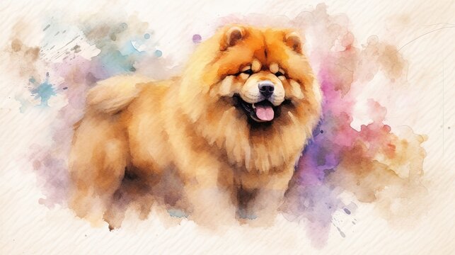  a watercolor painting of a chow dog with his tongue out.  generative ai