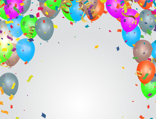 Celebration banner background with  confetti and variety of colors  balloons and joyful mood. Christmas, New Year, birthday or wedding celebration