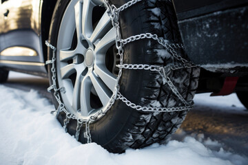 Car tire with mounted snow chains for winter season close up