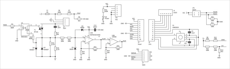 Schematic diagram of electronic device.
Vector drawing electrical circuit with operational amplifier, 
resistor, diode, led, fuse, optocoupler
and other electronic components.