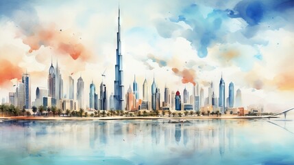  a painting of a city skyline with skyscrapers and clouds.  generative ai