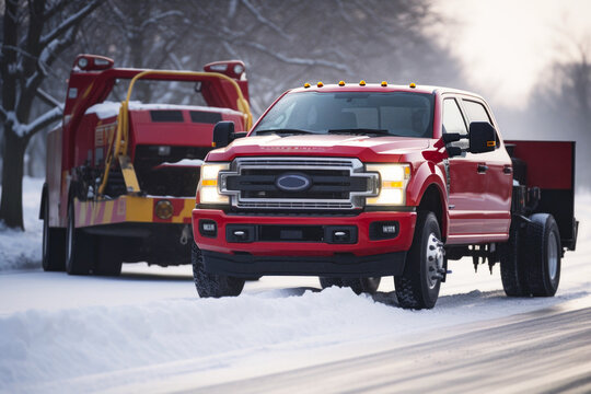 Red pickup towing truck on the winter road