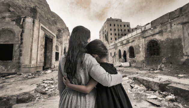 Mother hugs her daughter in a destroyed city