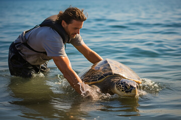 Conservationist releases rehabilitated sea turtles into the ocean - obrazy, fototapety, plakaty