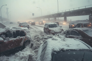 Snow storm on the highway, traffic jam on bad weather conditions