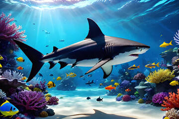 Coral reef, colorful groups of fish, sharks and sunny skies shining through the clear ocean water....