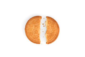 Shortbread cookie with coconut filling and crumbs isolated on white background.