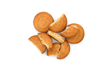 Pile of shortbread cookies with coconut filling isolated on white background.
