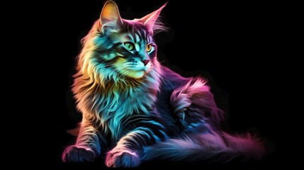  a colorful cat sitting on a black background looking at the camera.  generative ai