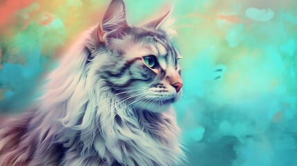  a painting of a cat with long hair and blue eyes.  generative ai