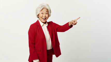 Surprised senior asian lady pointing upper left corner, checking out promo offer and smiling amazed, standing in red blazer over white background - obrazy, fototapety, plakaty