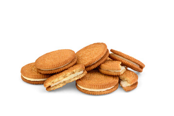 Pile of shortbread cookies with coconut filling isolated on white background.