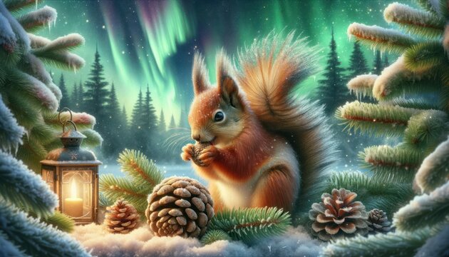 Digital render of a Christmas squirrel nibbling on a pinecone, surrounded by snowflakes, with a backdrop of pine trees and shimmering northern lights.
