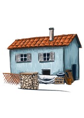 A house with a fence in the style of pencil illustration
