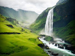 waterfall between green mountains