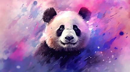 a painting of a panda bear on a purple and pink background.  generative ai