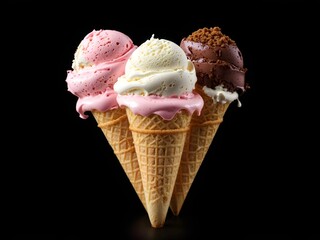 three ice cream cones, on black background