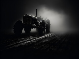 Black tractor with big tyres in night