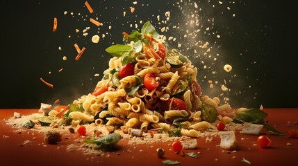 a pile of pasta with vegetables and sprinkles.  generative ai