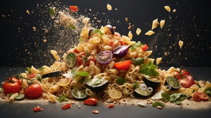  a pile of pasta with vegetables falling out of the top.  generative ai