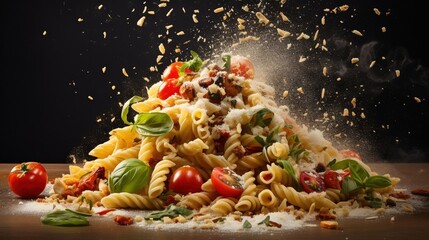  a pile of pasta with tomatoes, basil, and other ingredients.  generative ai