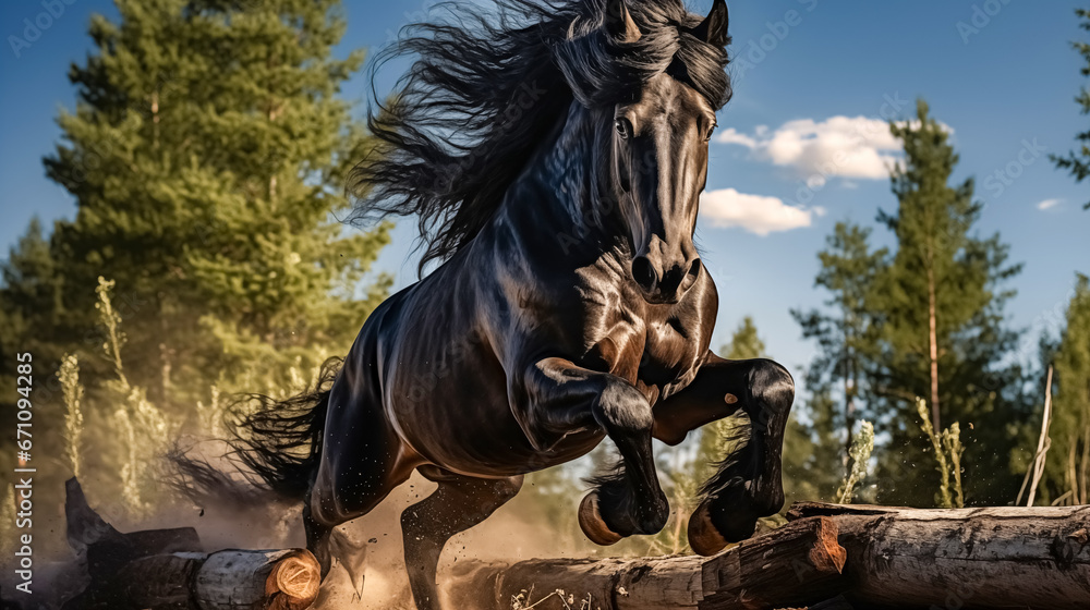 Wall mural Beautiful bay stallion jumping over a wooden fence. 
Black horse  jumping over obstacle in equestrian sports arena.