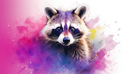  a raccoon with blue eyes and a pink background.  generative ai