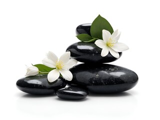 Fototapeta na wymiar Black stones with white flowers on white background