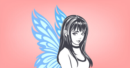 Vector beautiful young chic cute shy big-eyed kawaii fairy with blue wings on pink background. Graphic portrait of a lady.