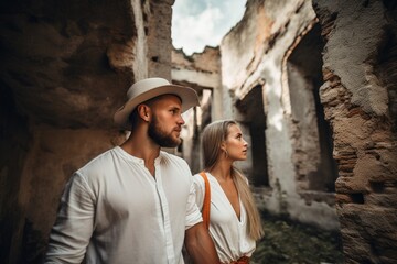 Fototapeta na wymiar shot of a young couple exploring an ancient ruin together