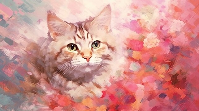  a painting of a cat on a colorful background with a blurry effect.  generative ai