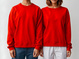 Couple male and female models showing red t-shirt sweatshirt sweater long sleeves mockup - obrazy, fototapety, plakaty