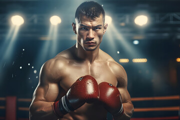 Strong boxer with red gloves on the ring - obrazy, fototapety, plakaty