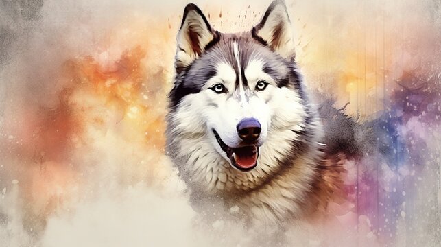  a painting of a husky dog with his mouth open and tongue out.  generative ai