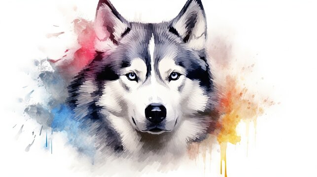 a husky dog with blue eyes is painted in watercolor.  generative ai