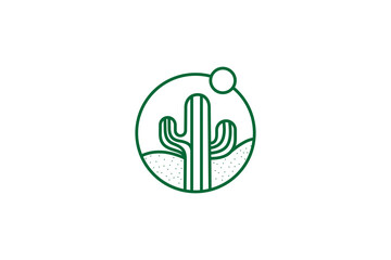 Desert cactus plant logo with circle frame in line art design style