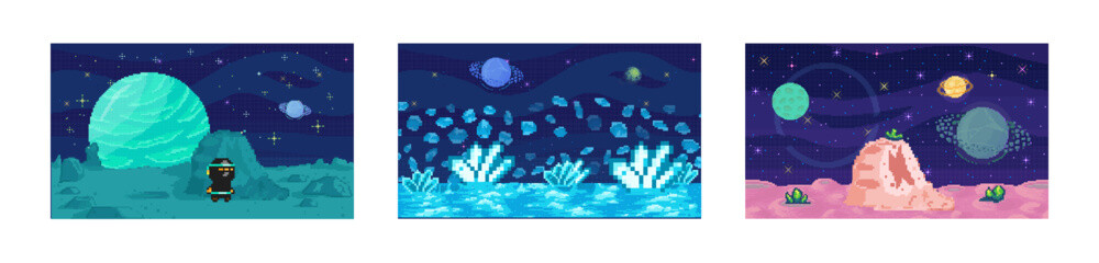 Space game. Vector illustration. The pixel art visuals capture essence classic videogames in space genre Exploring galaxy area in game unveils hidden cosmic secrets and mysteries The cosmic setting