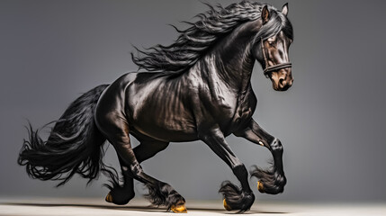 Black stallion, horse with long mane running in studio on grey background. 