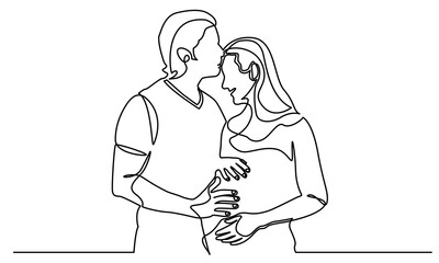 Continuous one-line drawing of a Beautiful Pregnant Woman.Husband kissing his pregnant wife's forehead and touching belly, line art vector concept of Happy mother, woman, pregnancy Vector illustration