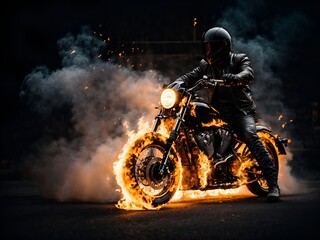 Motorcyclist in all black riding a motorcycle blazing with flames on a dark black background