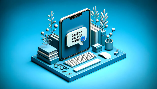 3D graphic of a digital message notification on a serene blue screen background. The message icon shows a simple text: 'Goodbye and Best Wishes', representing a silent exit. QUIET QUITTING concept