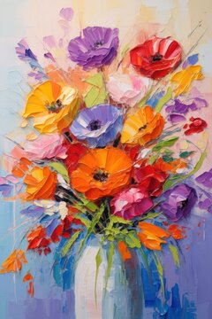 Flower bouquet painting with a retro and vintage style, featuring intricate palette knife painting textures, perfect for wall decor or seamless patterns