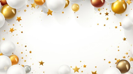  a white background with gold and silver balloons, stars and confetti.  generative ai